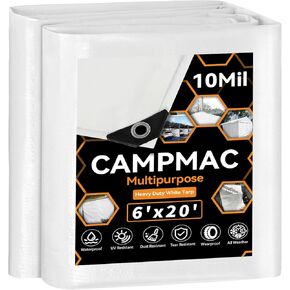 White Heavy Dut Waterproof Tarp 6' x 8', 10 Mil Thick, High Durability, Rip and Tear Resistant with Metal Grommets Every 20 Inches