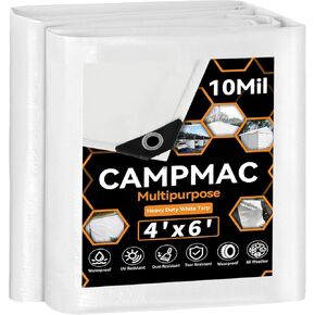 White Heavy Dut Waterproof Tarp 6' x 8', 10 Mil Thick, High Durability, Rip and Tear Resistant with Metal Grommets Every 20 Inches