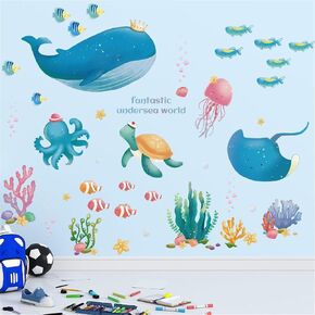 Colorful Ocean Life Wall Sticker Sea Creatures Wall Stickers Under The Sea Fish Jellyfish Removable Wall Decor Peel and Stick Underwater Sea Decor for Kid Baby Bathroom Bedroom Living Room (Style1)