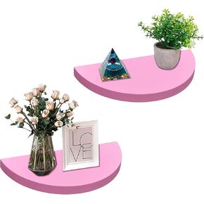Small Floating Plant Shelves Set of 2 - Rustic Wood Half Circle Shelves for Bedroom Living Room Bathroom Kitchen Office (Black)