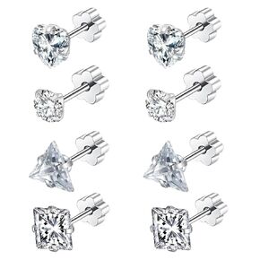 4Pairs Crystal Ball Stud Earrings for Women Hypoallergenic Stainless Steel Flat Back Stud Earrings Sparkly Cubic Zirconia Disco Ball Earrings Set 3 4 5 6 MM