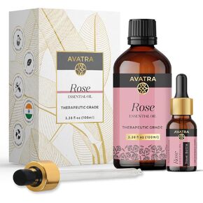 Avatra Rose Essential Oil for Diffuser, Perfume, Skin, Hair, Aromatherapy | Pure & Natural Essential Oil for Massage, Bath, Soap, Candles | Premium Grade with Glass Dropper- 3.38 Fl Oz