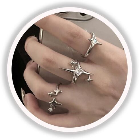 Y2k Moonstone Rings For Women Irregular Adjustable Open Ring Vintage Punk Grunge Gothic Goth Rhinestone Star Thorn Heart Cross Ring in Saudi Arabia