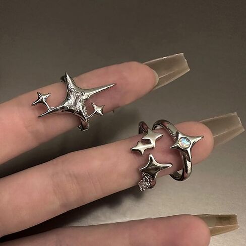 Y2k Moonstone Rings For Women Irregular Adjustable Open Ring Vintage Punk Grunge Gothic Goth Rhinestone Star Thorn Heart Cross Ring in Saudi Arabia