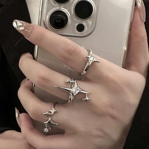 Y2k Moonstone Rings For Women Irregular Adjustable Open Ring Vintage Punk Grunge Gothic Goth Rhinestone Star Thorn Heart Cross Ring in Saudi Arabia