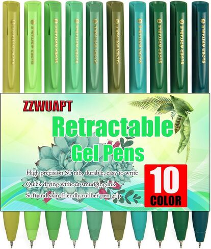 Green Retractable Gel Pens,Colored Gel Pens 10 Color Set Colorful Multi-color Ink 0.5mm Fine Point Comfort Grip Quick Drying for Journals Notebooks Planners Calendars Notes Drawing Crafts in Saudi Arabia