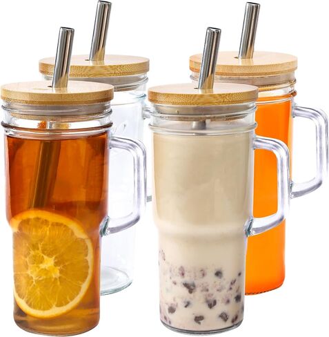 24oz Glass Cup with handle - glass cup with bamboo lids and straw 2pack… in Saudi Arabia