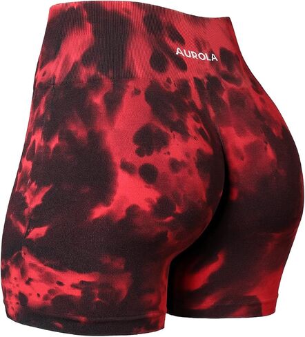 AUROLA Dream Tie Dye Workout Shorts for Women Seamless Scrunch Soft Active Shorts,Deep Red Tie Dye,S in Kuwait