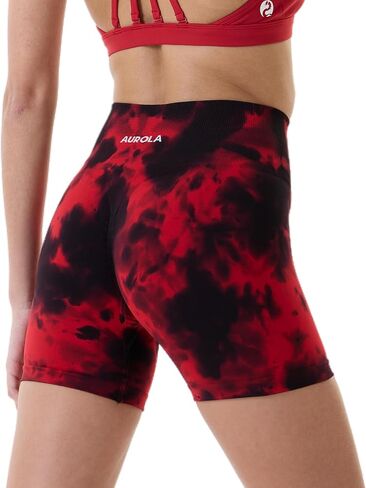 AUROLA Dream Tie Dye Workout Shorts for Women Seamless Scrunch Soft Active Shorts,Deep Red Tie Dye,S in Kuwait