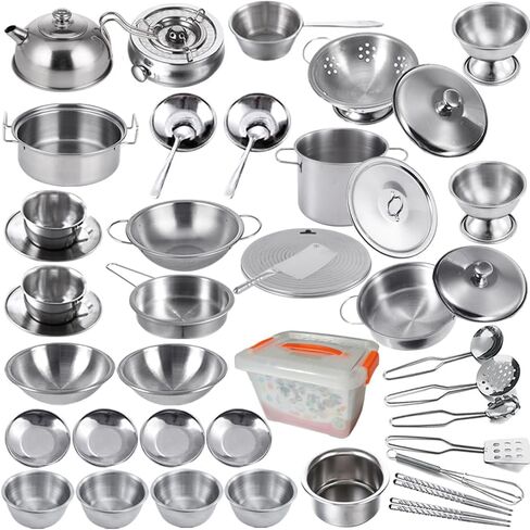Mini Stainless Steel Kitchen Toys Cooking Utensils Set - Pretend Play Pots Pans Toy Cookware Kits for Kids Cooking Utensil Set ,Role Play Educational Toys for Toddlers (Color Paper Box Packaging) in Saudi Arabia