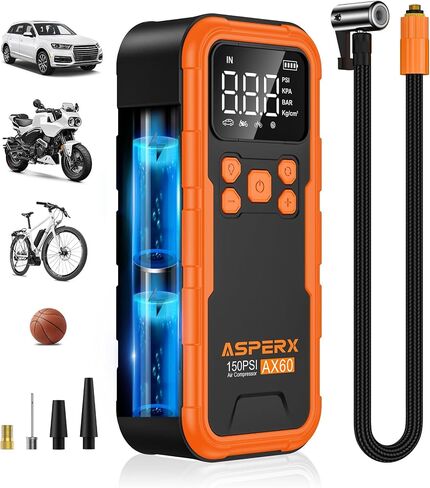 ضاغط هواء محمول منفاخ إطارات ASPERX AX60، مضخة هواء 150 رطل لكل بوصة مربعة لإطارات السيارات، منفاخ هواء أسرع 3 مرات مع كشف الضغط، مضخة إطارات محمولة مع ضوء LED لكرة محرك دراجة السيارة in Kuwait