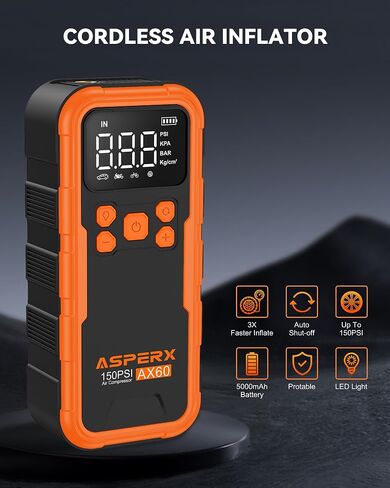 ضاغط هواء محمول منفاخ إطارات ASPERX AX60، مضخة هواء 150 رطل لكل بوصة مربعة لإطارات السيارات، منفاخ هواء أسرع 3 مرات مع كشف الضغط، مضخة إطارات محمولة مع ضوء LED لكرة محرك دراجة السيارة in Kuwait