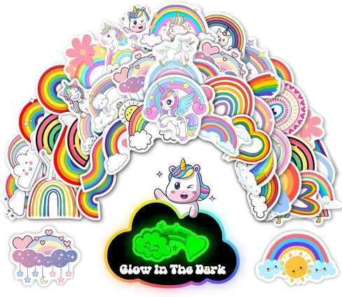51 Pcs Cute Unicorn Rainbow Stickers for Kids Glow in The Dark, Waterproof Sticker for Water Bottle, Vinyl Laptop Decals for Teens Girls Boys, Students Classroom Prizes Sticker Pack in Kuwait