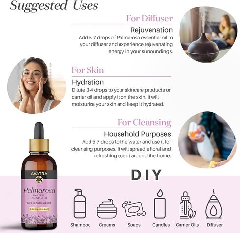 Avatra Rose Essential Oil for Diffuser, Perfume, Skin, Hair, Aromatherapy | Pure & Natural Essential Oil for Massage, Bath, Soap, Candles | Premium Grade with Glass Dropper- 3.38 Fl Oz in Saudi Arabia