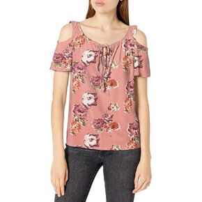 Star Vixen Women's Plus Size Cold Shoulder Tie Neck Keyhole Peasant Top, Mauve/Floral, 1X