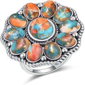 Turquoise Ring for Women 925 Sterling Silver Vintage Boho Flower Ring Bohemian Statement Rings Turquoise/Coral/Oyster Shell Western Style Engagement Wedding Band Size 6-9