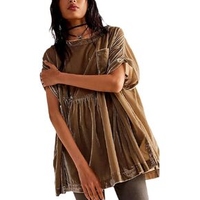 YEMOCILE Women’s Velvet Peplum Top Front Pleated Crewneck Short Sleeve Side Slit Oversized Pullover Velour Sweatshirt