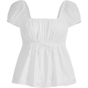 Floerns Women's Square Neck Ruched Bust Knot Front Puff Sleeve Peplum Blouse Top