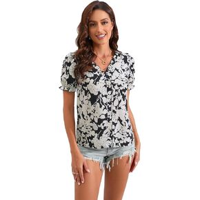 SweatyRocks Women's Boho Floral Print Short Puff Sleeve Top Casual Ruffle Trim V Neck Blouse Shirt