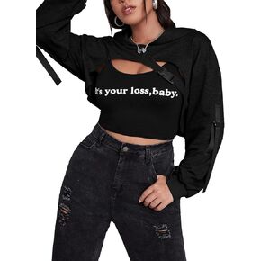 MakeMeChic Women's Women'S Plus Size Super Crop Hoodie Sweatshirt Buckle Tape Long Sleeve Tops