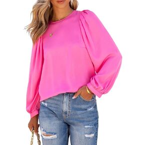 Vrtige Women's Satin Silky Casual Crewneck Puff Long Sleeve Tunic Top Blouse Shirt
