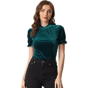Allegra K Christmas Ruffle Collar Shirt for Women's Short Sleeve Velvet Tops Blouse in Saudi Arabia