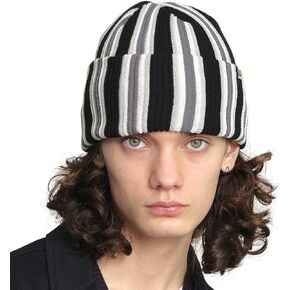 UNDERCONTROL Logo Label Unisex Fall Winter Long Wide Vertical Stripe Cuffed Rollup Warm Plain Beanie Korea Knit Skull Ski Hat (Black)