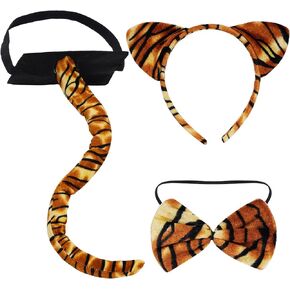 obmwang 3 Pieces Tiger Costume Set Tiger Ears Headband Bow tie and Tail Animal Tiger Accessories for Halloween Dress Up Party