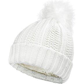 Women Beanies Hat with Pom, Warm Satin Lined Knitted Ski Cuff Cap with Faux Fur Pompom for Winter Cold Weather P-P-H-1