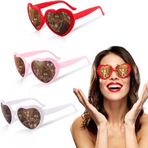 Chic Moon 3 Pairs Heart Effect Diffraction Glasses Heart Shaped Sunglasses with Heart Effect for Rave Party Music Festival Fireworks Show 3D