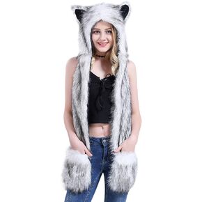 Women Cute Winter Animal Hat 3 in 1 Faux Fur Multifunctional Hat Cartoon Animal Hoodie Hat with Scarf Paw Gloves