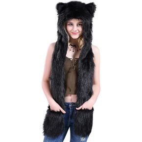 Women Cute Winter Animal Hat 3 in 1 Faux Fur Multifunctional Hat Cartoon Animal Hoodie Hat with Scarf Paw Gloves