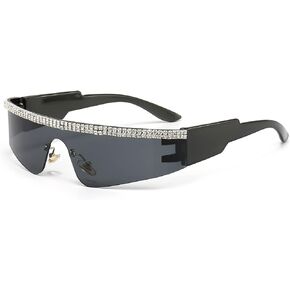 YAMEIZE Y2K Diamond Wrap Around Sunglasses - Rimless Futuristic Shield Frameless Rhinestone bling Sun Glasses for Women Men