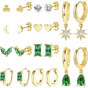 HAIAISO 10 أزواج 14K مطلية بالذهب هجيز هوب ترصيع الأقراط للنساء صغيرة تتدلى هوب أقراط الذهب الأخضر مجموعة أقراط لثقب متعددة