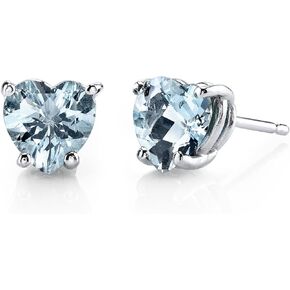 Peora Solid 14K White Gold Aquamarine Heart Stud Earrings for Women, Genuine Gemstone Birthstone Solitaire Studs, 6mm, 1.50 Carats total, Friction Back