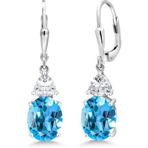 Gem Stone King 925 Sterling Silver Swiss Blue Topaz and White Zirconia Dangle Earrings For Women (5.40 Cttw, Gemstone November Birthstone, Oval 10X8MM, Trillion 5MM)