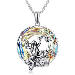 Frog Necklace 925 Sterling Silver Frog Crystal Pendant Necklace Jewelry Gift for Women Girls 18+2"