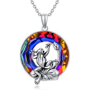 Frog Necklace 925 Sterling Silver Frog Crystal Pendant Necklace Jewelry Gift for Women Girls 18+2"