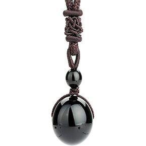 Lucky Natural Crystal Black Obsidian Tiger Eye Stone Bead Pendant Necklace Energy Healing Adjustable Braided Rope Cord Necklace for Women Men Girl Boy Protection Jewelry Gift