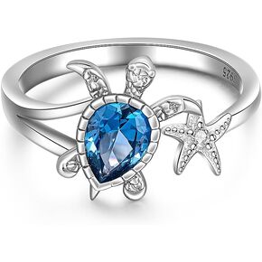 LOVGIFSET Turtle Ring Sea Turtle Rings for Women Sterling Silver Starfish Blue Topaz Ocean Gifts 6-10