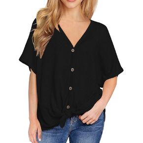 IWOLLENCE المرأة فضفاضة هينلي بلوزة الخفافيش الجناح قصيرة الأكمام زر أسفل تي شيرت التعادل الجبهة عقدة القمم in Kuwait