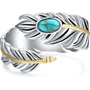 Turquoise Feather Ring 925 Sterling Silver Vintage Wide Feather Rings Women Men Turquoise Western Style Jewelry gifts for Teens Girls Wrap Thumb Ring Open Size 4-11