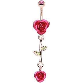Pierced Owl - CZ Crystal Leaves and Vine Rose Flower Dangle Belly Button Navel Ring