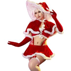 Womens Christmas Lingerie Set Velvet Top Panty and Skirt Little Red Hooded Cloak Cape with Mushroom Hat Cosplay