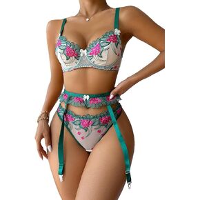 WDIRARA Women's 3 Piece Lingerie Set Floral Embroidery Cut Out Bra Ans Briefs Set