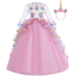 FMYFWY Unicorn Costume for Girls Birthday Pageant Party Dress Halloween Christmas Long Sleeve Maxi Tulle Ball Gown w/Headband