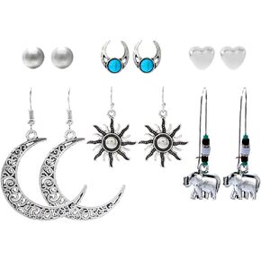 Lorealri 6 Pairs Boho Earring Set Vintage Silver Moon Sun Elephant Drop Dangle Stud Earrings Ear Jewelry for Women and Girls