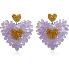 Handmade Bohemian Heart Shape Acrylic Large Flower Dangle Drop Earrings Unique Exaggerated European Resin Rose Petal Flower Earrings for Women Girls Statement Beach Jewelry Gifts