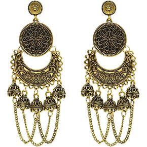 Long Bollywood Tassel Bell Jhumka Jhumki Earrings for Women Girls Boho Beaded Drop Dangle Earring Traditional Bohemian Dangling Earring Ethnic Gypsy Indian Gift Hypoallergenic Oxidized Jewelry