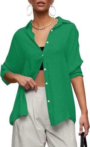 AISEW Womens Button Down V Neck Collared Shirts Dressy Casual Long Sleeve Roll Up Blouses Loose Cover Ups Tunic Tops in Saudi Arabia